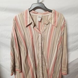 Women's Striped Button-Down Shirt - Beige & Coral